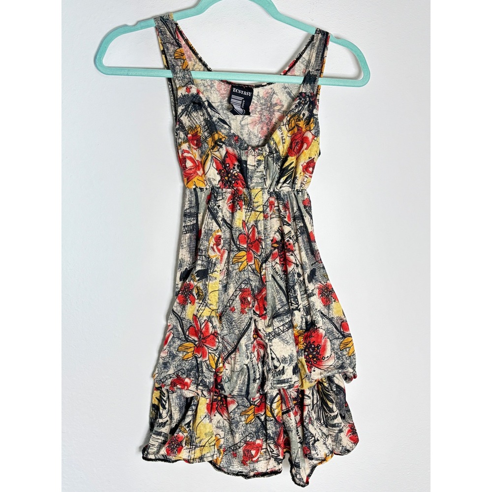 Ecstasy Womens Y2K Floral Graphic Print Tiered Ruffle Mini Dress Sleeveless Red
